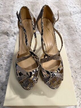 kate spade Snake-Print Strappy Heels in Taupe and Black